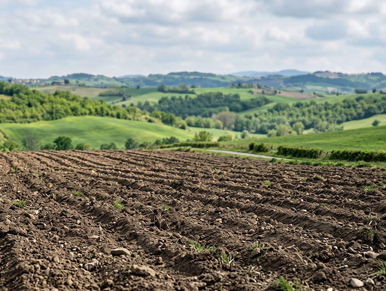 Campo arato con sassi e germogli, colline verdi sullo sfondo