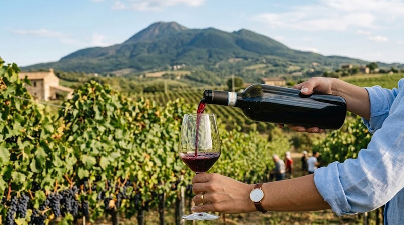 Illustrazione: una mano versa vino rosso in un calice, davanti a un vigneto durante la vendemmia