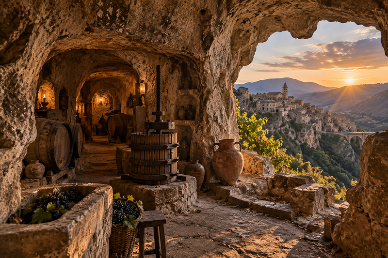 Illustrazione: cantina scavata nella roccia, con torchio, botti e anfore